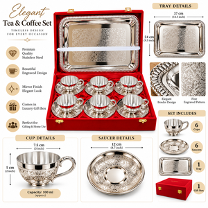 Stainless Steel <b>Tea</b> <b>and</b> Coffee Set with Engraved <b>Cups</b> <b>Saucers</b> <b>and</b> Serving Tray in Luxury Gift Box for Wholesale Buyers India - Product Image 6