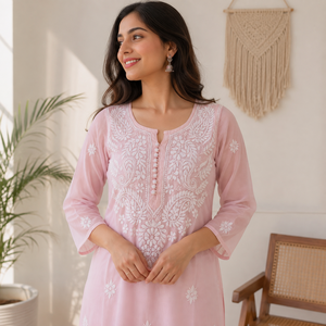Elegant Light Pink Hand Embroidered Lucknowi Chikankari Anarkali <b>Kurti</b> - Cotton Ethnic Tunic Wholesale <b>Indian</b> Wear Collection - Product Image 2