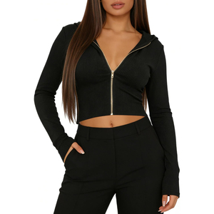 Haut court à capuche en maille noire pour femme, manches longues, fermeture éclair, couleur unie, respirant, pour l'automne, pull à manches longues OEM ODM - Product Image 5