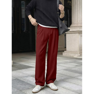Pantalon plissé bordeaux pour homme, coupe large, taille haute, décontracté, tissé, fermeture boutonnée - Product Image 6