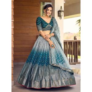 Impressionnant bleu sarcelle paillettes Chinon Sangeet porter Lehenga Choli avec Dupatta - Product Image 6