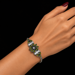 Hot Selling Women's Brass Oxidized Silver Antique Silver Plated <b>Beaded</b> <b>Bracelet</b> Quartz Green Gemstone Vintage Floral Design - Product Image 4