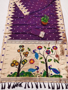 <b>Purple</b> Silk <b>Saree</b> With Peacock And Floral meenakari Weaving Traditional Indian Wedding Wear For Women - Product Image 2