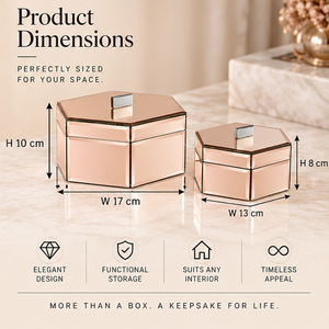 Rose Gold <b>Mirrored</b> Glass <b>Jewelry</b> <b>Storage</b> Box Set with Faceted Design Soft Lining Decorative Keepsake Organizer - Product Image 3