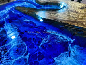Modern Live Edge <b>Resin</b> Dining <b>Table</b> with Blue <b>Epoxy</b> Top Handmade Rectangle Farmhouse 6 Seater Home Furniture - Product Image 3