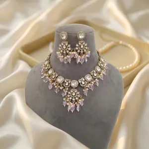 Ensemble de collier et boucles d'oreilles en quartz rose plaqué or de luxe, avec perles Polki, bijoux de mariage traditionnels indiens pour la mariée - Product Image 2