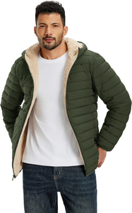 <b>Men</b> Winter Hooded Puffer <b>Jacket</b> Windproof Zipper Closure Casual Thick Polyester Fleece Lining <b>Sherpa</b> Inner Green <b>Men's</b> <b>Jackets</b> - Product Image 2