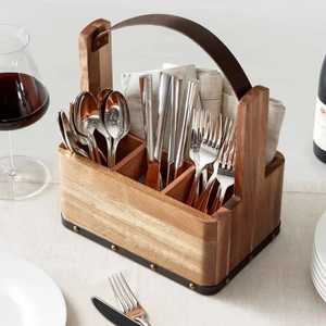 Organisateur de couverts moderne en bois clair avec poignée en T, 4 compartiments, pour la maison, la cuisine, le restaurant, le buffet - Product Image 6