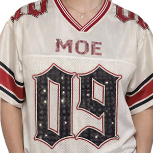 Maillot de football américain personnalisé en strass pour femme, coupe oversize, blanc, en maille, col en V, scintillant, brillant, streetwear d'équipe, OEM/ODM - Product Image 3