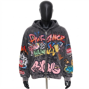 Custom Heavyweight Vintage Zip Hoodie Acid Wash Graffiti Embroidery Streetwear Hoodie OEM Supplier - Product Image 2