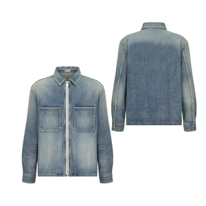 Premium Men's Indigo Blue Denim <b>Jacket</b> with <b>Silver</b> Zipper Pockets and Embossed Metal Buttons Classic Vintage Trucker Style - Product Image 1