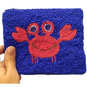 Handmade <b>Blue</b> <b>Beaded</b> Crab Purse Rectangular Shape Zipper Wallet Embroidered <b>Beaded</b> coin luxury pouch Hand <b>Beaded</b> cute mini pouch - Product Image 1