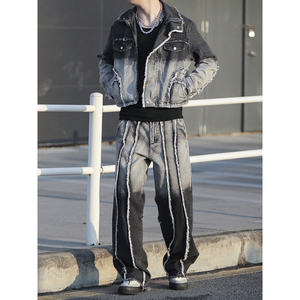 Unisex Gradient Washed Denim Jacket Wide-Leg Jeans Set Streetwear Regular Fit Full Length Cotton Autumn Style Eco-Friendly - Product Image 5