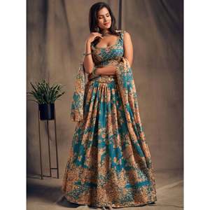 Festival de organza con estampado floral azul verde azulado Lehenga Choli - Product Image 3