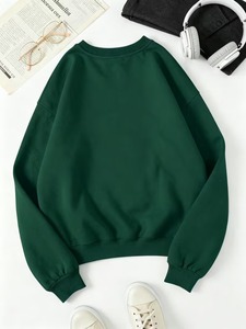 Sweat-shirt unisexe à col rond surdimensionné, vert uni, en coton tricoté, décontracté, pour l'automne, coupe classique - Product Image 3