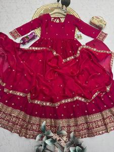 Women Traditional Floor-Length Red Gown Set With Dupatta Ethnic Wear For Wedding Indian Pakistani Style Loose Fit Dress - Product Image 6