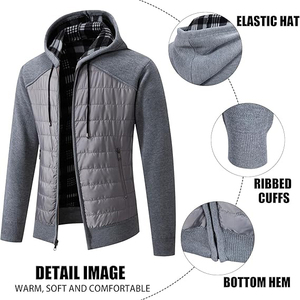Sweat-shirt gris tendance à capuche et fermeture éclair, coupe droite, décontracté, pour l'automne, en polyester tricoté avec doublure en coton à carreaux, coupe-vent - Product Image 2