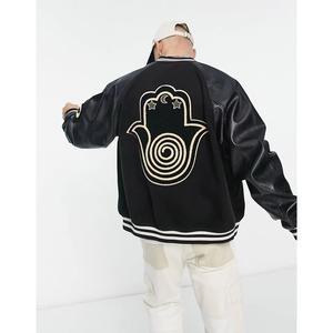 Men's Black Genuine Leather Anti-Bacterial Windproof Woolen Varsity Jacket 220g Embroidery Patch Designs Turn-<b>down</b> Collar - Product Image 3