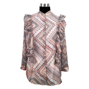 Haut en mousseline de soie bohème pour femmes avec volants, col mandarin, manches longues, imprimé géométrique, coupe ample, haut printemps-été - Product Image 1