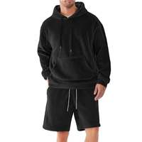 Conjunto de Sudadera con Capucha y Pantalones Cortos de Forro Polar Doble para Hombre, Talla Grande, Color Sólido, Manga Larga, Cintura Elástica con Cordón, Casual y Cálido
