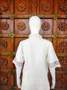 Camisa Blanca Bohemia para Mujer, Bordada, con Cuello Camisero, Manga Corta, Algodón, Informal, Verano, con Diseño de Paneles Geométricos - Product Image 2