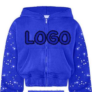 Blue Hooded Sweatshirt and Pants Set with Logo Print Casual Men's Tracksuit Autumn Knitted Cotton Two Piece Outfit - Product Image 2