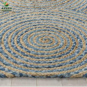 Living Room Luxury 150cm <b>Round</b> Rug Made of 100% Eco Friendly Jute & Denim Fabric Custom Hand Braided with Non-slip Backing - Product Image 1