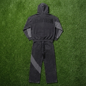 Conjunto de chándal de dos piezas con sudadera con capucha extragrande con cremallera y pantalones de chándal de pierna ancha con patchwork, estilo lavado personalizado - Product Image 6