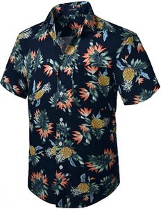 Chemise décontractée pour homme en sergé hawaïen à manches courtes, col montant, bouton unique, imprimé feuilles tropicales, noir et vert, pour les vacances d'hiver - Product Image 2