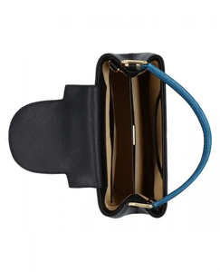 Bolso de Mano Clásico de Cuero Genuino Negro con Asa Azul, Bolso Tote de Uso Diario para Mujer, Cierre de Solapa, Textura Saffiano - Product Image 6