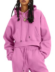 Conjunto de chándal de 2 piezas para mujer, sudadera corta con capucha y pantalones deportivos, color sólido, corte holgado informal, para todas las estaciones - Product Image 1