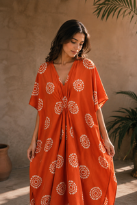 Vestido Kaftán Bohemio Tie Dye Naranja Personalizado para Mujer, Vestido Maxi Moderno de Verano, Traje de Playa, Ropa de Dormir Étnica con Cuello en V - Product Image 4
