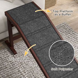 Rampa para Mascotas de Madera Maciza para Cama, 74 x 16 x 25 Pulgadas, Marrón, Escaleras para Perros con Alfombra Antideslizante, Accesorio de Plataforma para Sala de Estar - Product Image 6