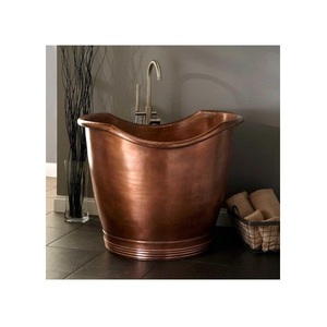 Round Polished Hammered Copper Antique Freestanding Bathtub Luxury High-Back Soaking Tub Handcrafted Design Elegant Eco-Friendly - Product Image 2