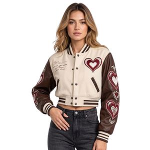 Veste universitaire pour femme de qualité supérieure, couleur crème café, badges croix Sacré-Cœur, manches en cuir, vestes d'hiver - Product Image 1