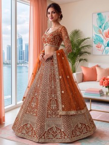 Ensemble Lehenga, Blouse et Dupatta, avec broderie de paillettes et de cordons, en tissu filet papillon, tenue de mariée, de fête ou de soirée, tenue ethnique indienne de créateur. - Product Image 6