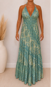Attractive Light Blue <b>Halter</b> Neck Boho Silk, Polysilk 100% Handmade Maxi <b>Dress</b> Tiered Paisley Print <b>Backless</b> Sundress For Women - Product Image 3