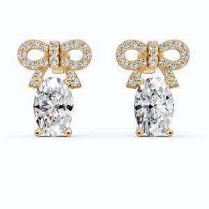 ต่างหูเพชรทรงรีสีเหลืองทอง 10KT เพชรเพาะเลี้ยงในห้องปฏิบัติการ รูปโบว์ ประดับเพชรแบบ Pave ดีไซน์ริบบิ้น เครื่องประดับชั้นดี สไตล์หรูหรา ได้รับการรับรองจาก IGI - Product Image 1