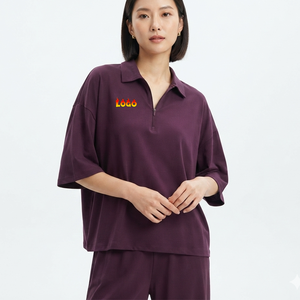 Hot Sale Women's <b>Purple</b> <b>Polo</b> <b>Shirt</b> Three Quarter Sleeve Casual Loose Fit Breathable Knitted 100% Polyester Front Logo Print - Product Image 1