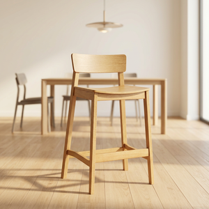 Tabouret de bar moderne en bois massif rembourré, dossier bas, assise de comptoir en bois naturel, mobilier de restaurant - Product Image 2
