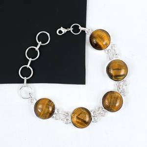 Wholesale 925 Sterling Silver Tiger Eye Link <b>Bracelet</b> Handcrafted Natural Opaque Gemstone Round <b>Stone</b> Chain <b>Bracelet</b> Jewelry - Product Image 2