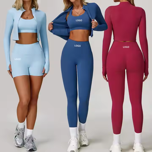 Ensemble de vêtements de fitness 3 pièces pour femmes, leggings taille haute longueur intégrale, haut de yoga respirant en Spandex/Nylon, logo personnalisé - Product Image 6