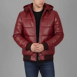 Cart Men's Maroon Hooded Puffer <b>Jacket</b> Leather <b>Zipper</b> Closure Outerwear - <b>Jacket</b> Maroon Leather - Product Image 1