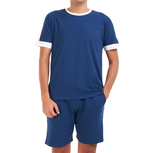 Men's Blue Casual T-Shirt <b>Set</b> V-neck Short Sleeve Solid <b>Knitted</b> 100% Polyester Breathable Plus Size Summer Wear - Product Image 3