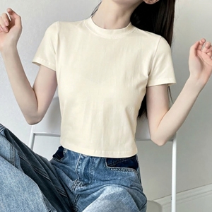 <b>Women's</b> <b>Cream</b> Crew Neck Short Sleeve Fitted Crop Top Solid Color 100% Cotton Summer <b>T</b>-<b>Shirt</b> Breathable Plain Dyed Style - Product Image 1