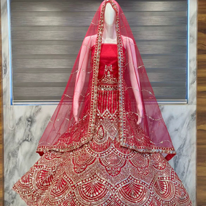 Royal <b>Red</b> Bridal Lehenga Heavy Gold Zari Scalloped Embroidery Premium <b>Silk</b> Ghagra Choli with Stone Work & Net Dupatta Wedding - Product Image 1