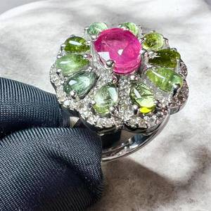 Flower Shape Ruby Cocktail <b>Ring</b> with <b>Green</b> Gemstones Prong Setting Rhodium Plated Minimalist 925 Silver Women's Luxury Jewelry - Product Image 6