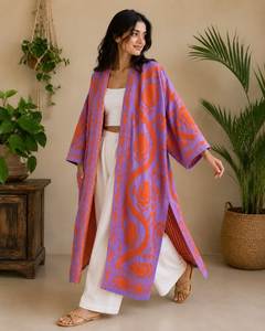 Style De Maison Suzani Longue veste kaftan pour femme, brodée à la main, imprimé floral vintage, tricot en mélange de coton, manches chauve-souris, ceinture - Product Image 2