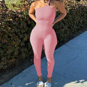 Mono ajustado sin costuras de un solo hombro rosa para mujer, cintura elástica, color sólido, ropa de verano - Product Image 2