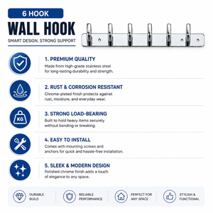 Premium Rectangle Stainless Steel Waterproof <b>Wall</b> Hook <b>Rail</b> <b>Heavy</b> <b>Duty</b> Multi Hook Coat Rack <b>Wall</b> <b>Mounted</b> Organizer <b>Clothes</b> - Product Image 5